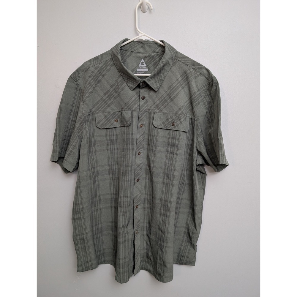 X1 Gerry Men's XXL Short Sleeve Plaid Button Down Sage Green Stretch Hiking